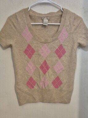 Beige Cashmere-Blend Argyle Short Sleeve Sweater with Pink Diamond Pattern Sz.S